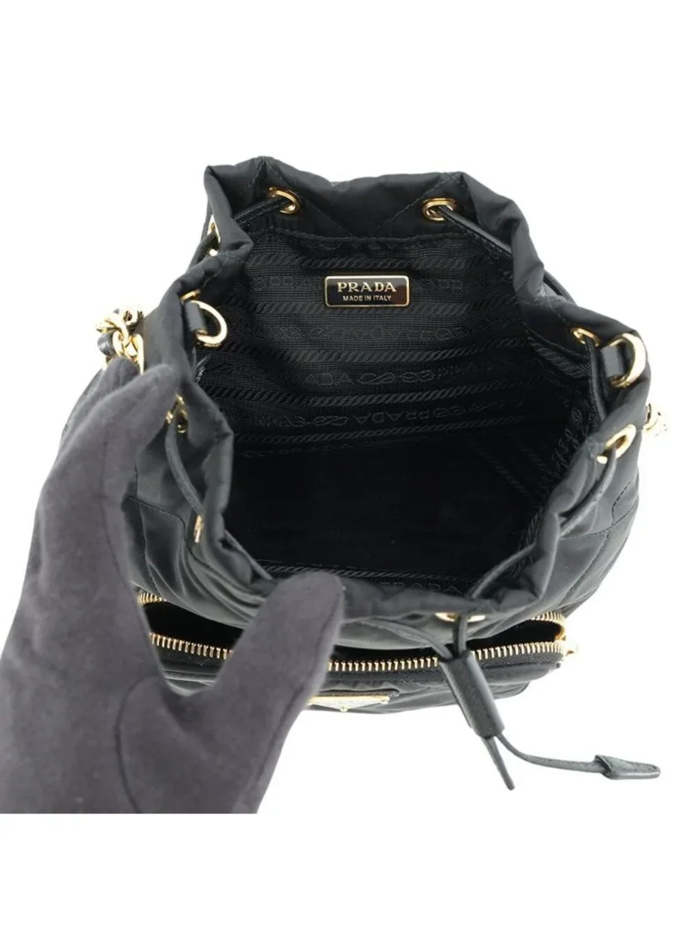 Prada Duet Drawstring Triangle Logo Nylon Leather 2-Way Shoulder Bag Black